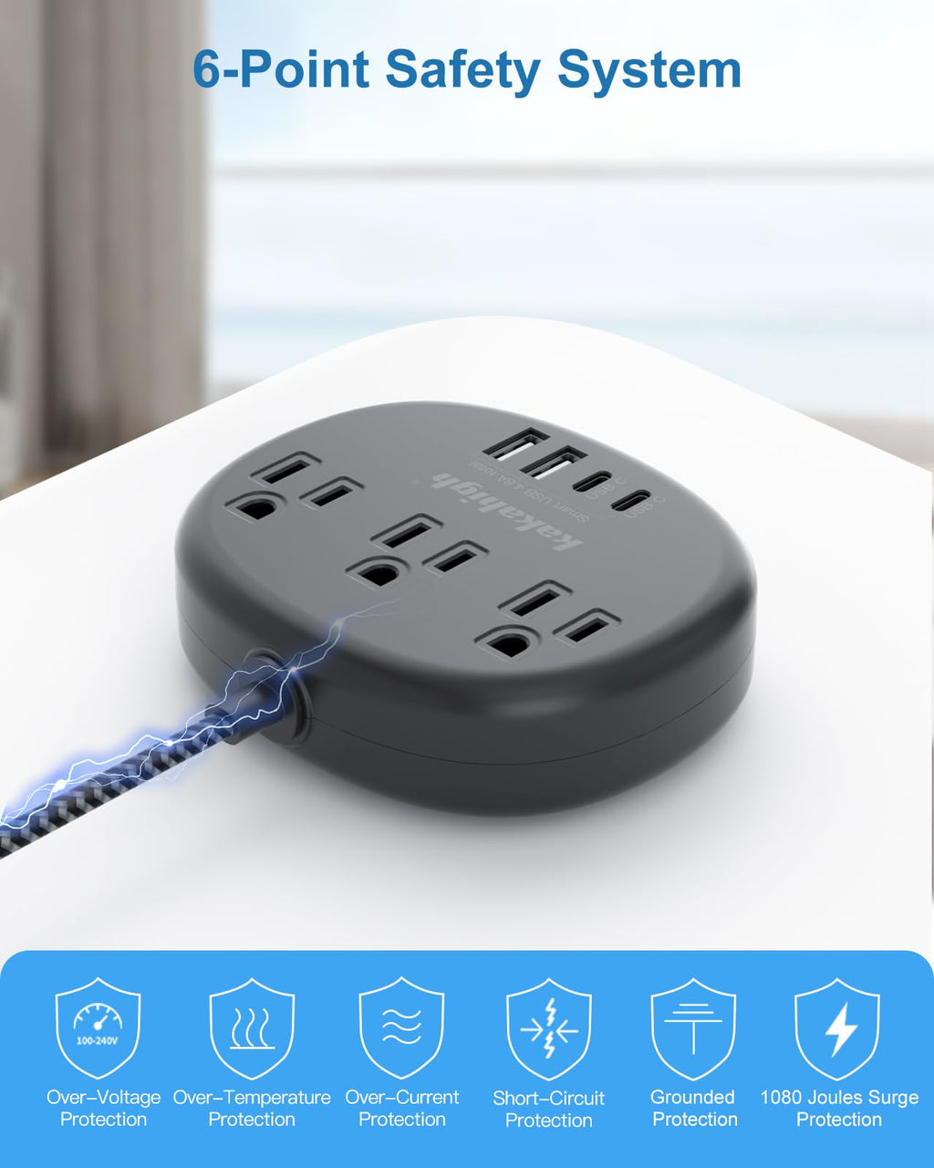 Cute Surge Protector â€?5FT Flat Extension Cord, 3 Outlets, 4 USB Ports (24W)