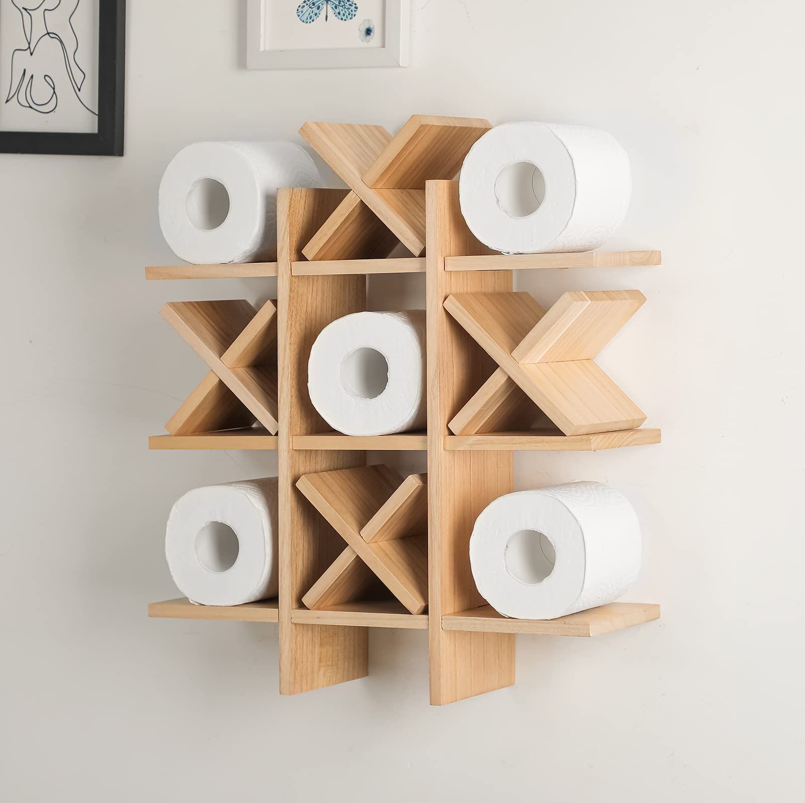 Tic Tac Toe Toilet Paper Holder Stand Bathroom Wall Decor Rustic Wooden Hanging Storage Freestanding Wall Mounted Shelves Decor