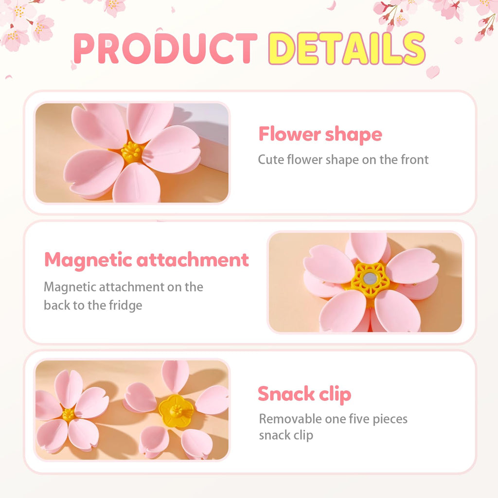 Cherry Blossom Magnetic Snack Sealing Clip, Reusable Chip Bag Clips, Grip Sticks Food Clips for Bags, Kitchen Decor Bag Sealers