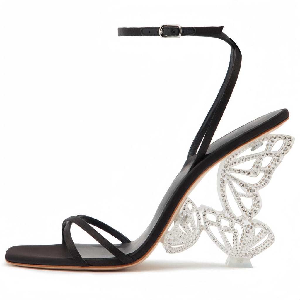Rhinestone Butterfly Stilletos Heels Sandals for Women, Open Pointed High Heels Sandals Ankle Strap Buckles