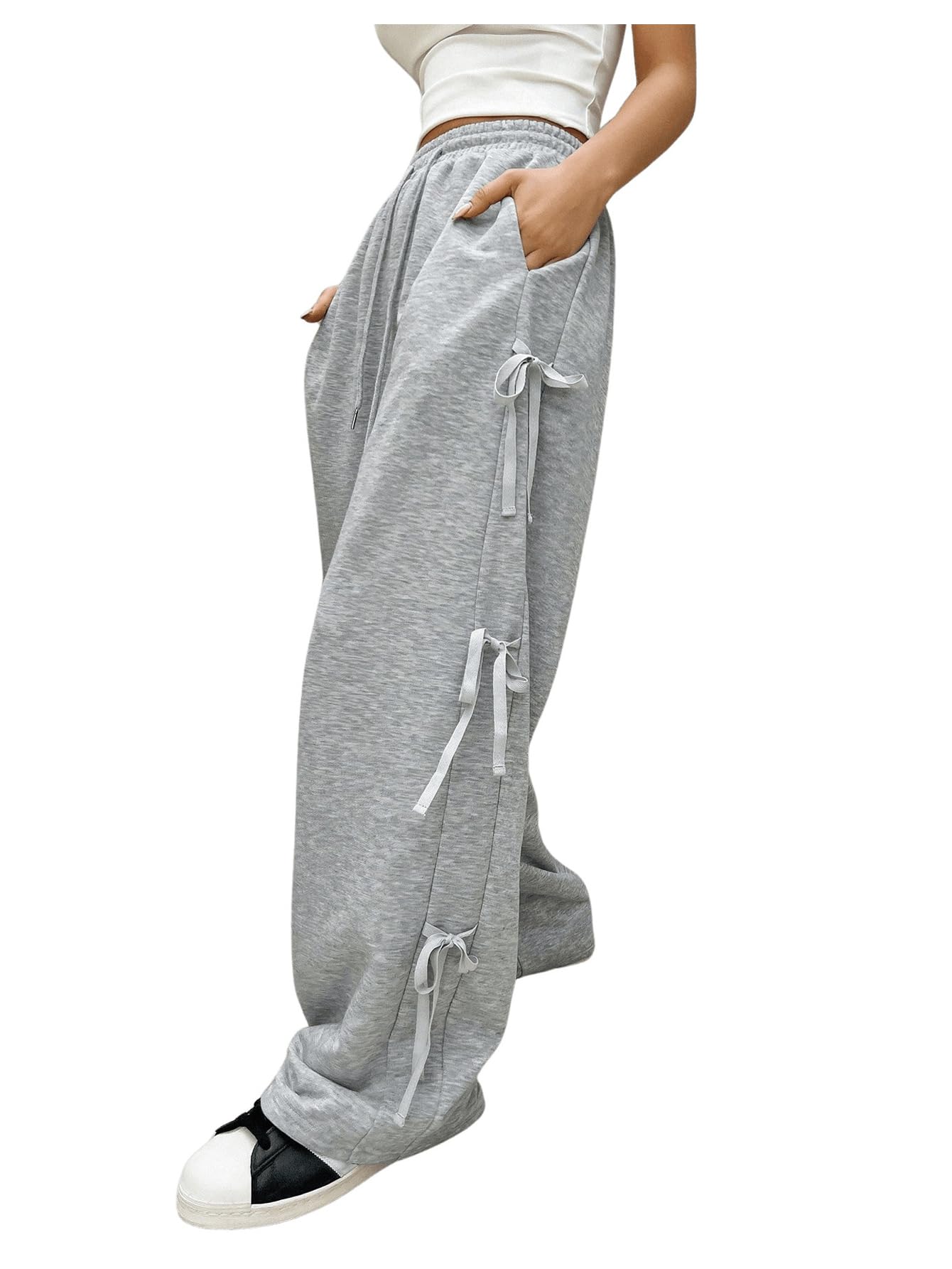Women's Side Bow Tie Straight Leg Sweatpants Drawstring Elastic Waist Loose Athletic Sports Pants
