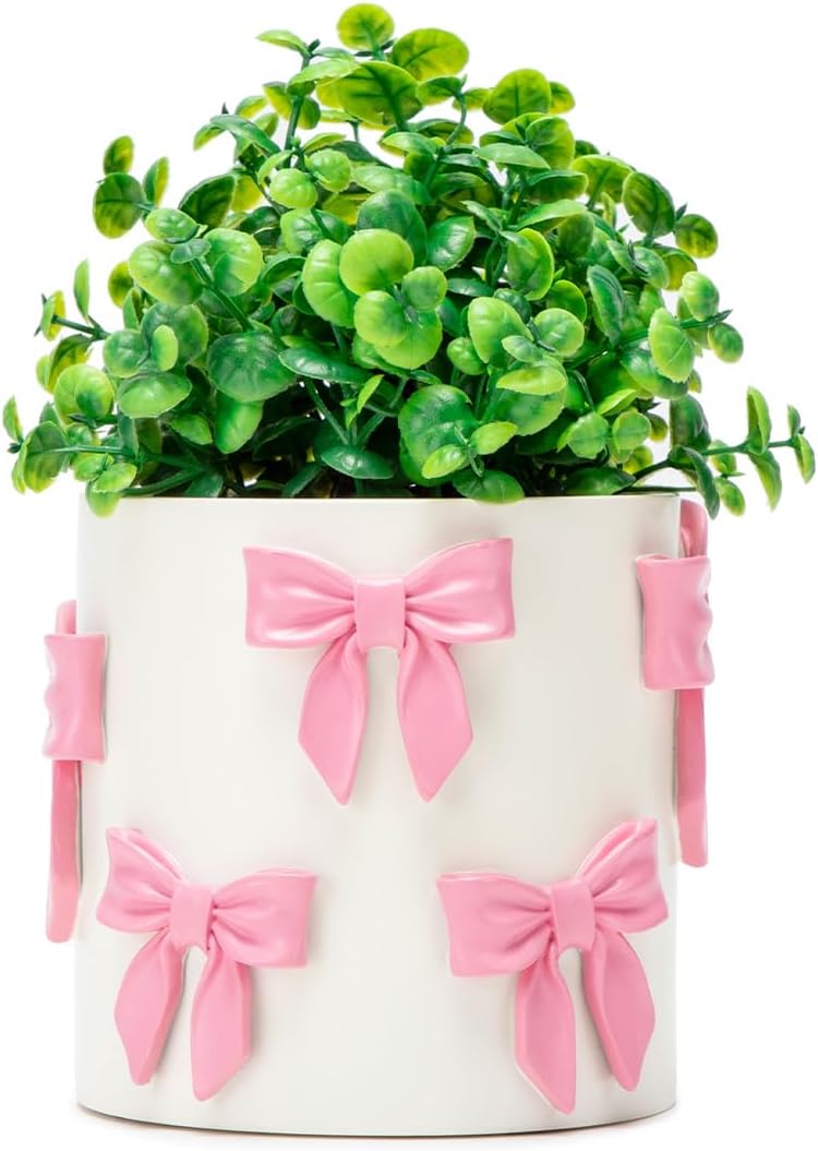 Pink Bow Planter - Coquette Bow Room Decorative Cute Flower Pot with Drainage Hole, Resin Planters for Indoor Plants, Girly Gardening Pot for Home Aesthetic