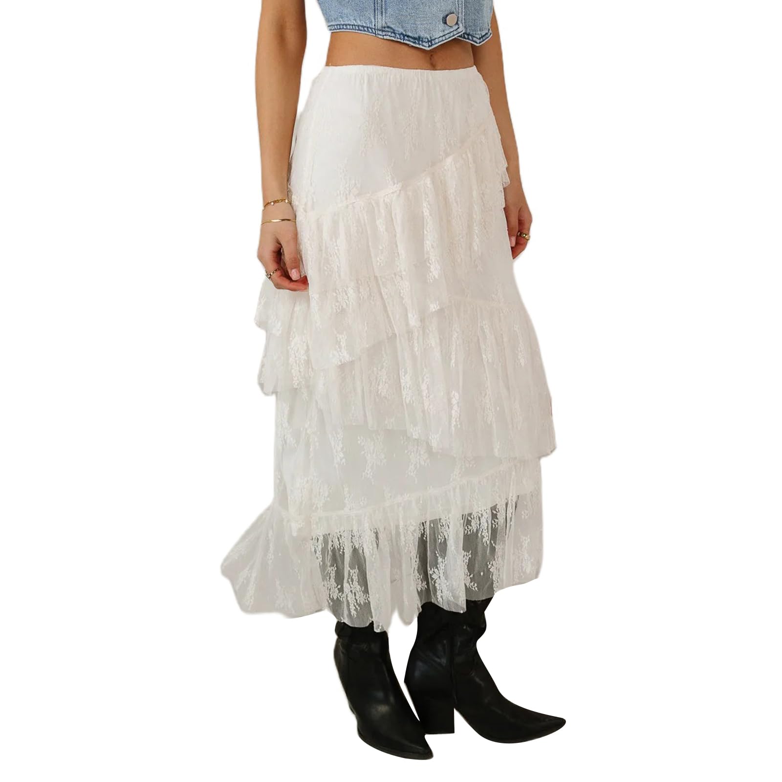 Lace Maxi Skirt High Waist Ruffle A-Line Flare Long Skirt