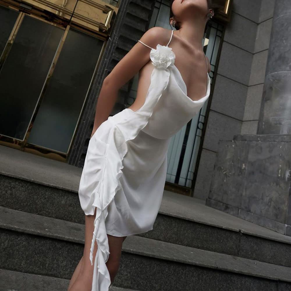 Women's Y2k Backless Ruffle Trim 3D Flower Sexy Sleeveless Strap Halter Bodycon Mini Dress