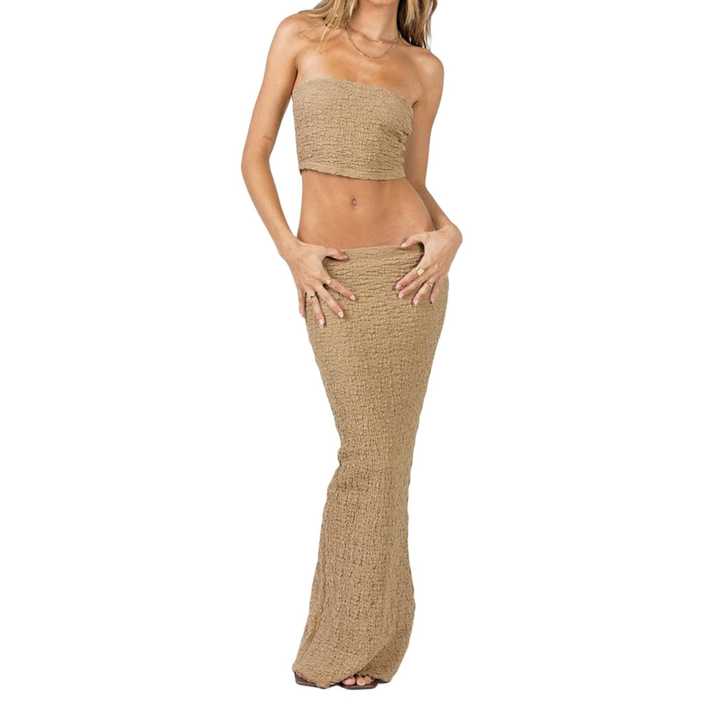 Women Y2K 2 Piece Long Skirt Set V Neck Halter Crop Top Off Shoulder Slim Fit Tube Top Split Maxi Skirts Outfit