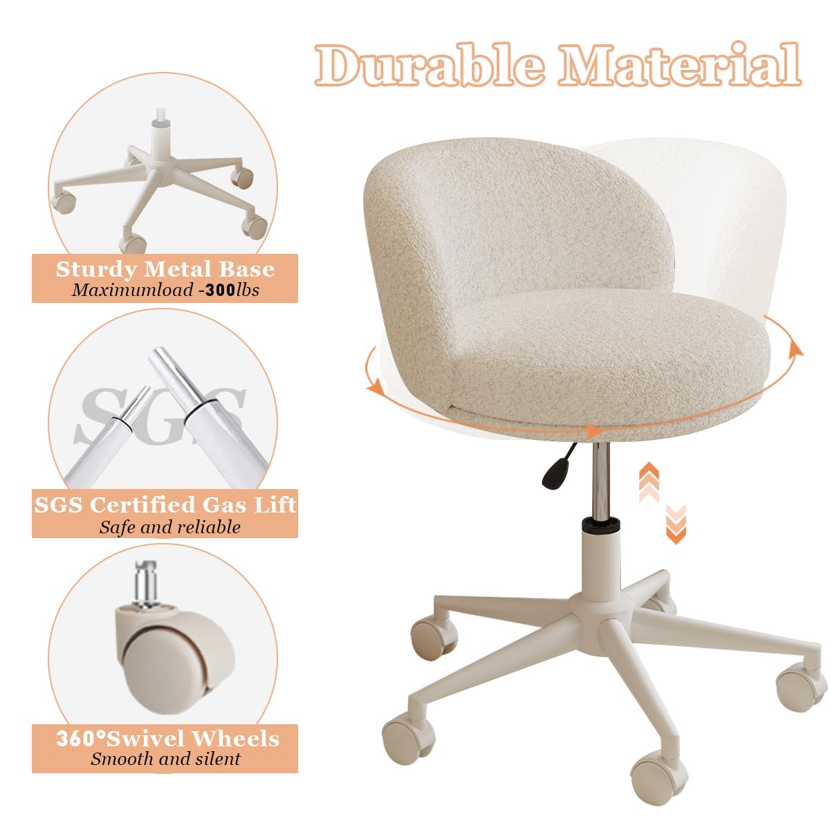 Modern Vanity Chair with Back, 360° Swivel Makeup Desk Chair Small Office Chair with Wheels, Height Adjustable Armless Computer Task Chair