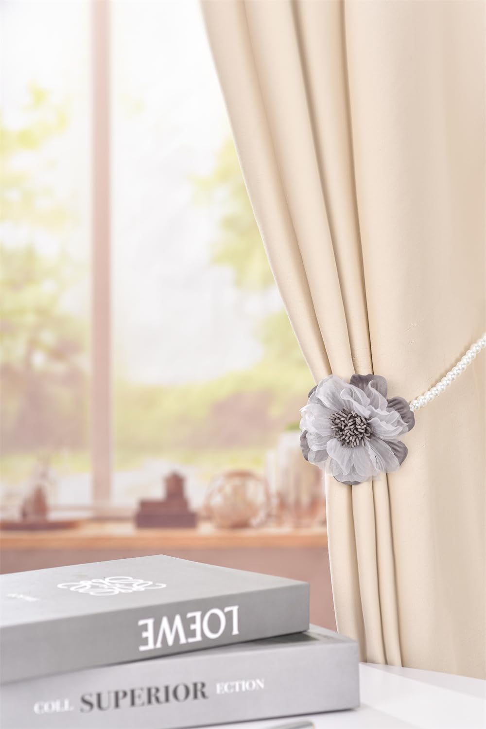 Elegant Pearl Magnetic Curtain Tieback with Handmade Flower Decorative Drapery Holdbacks Rope Holder