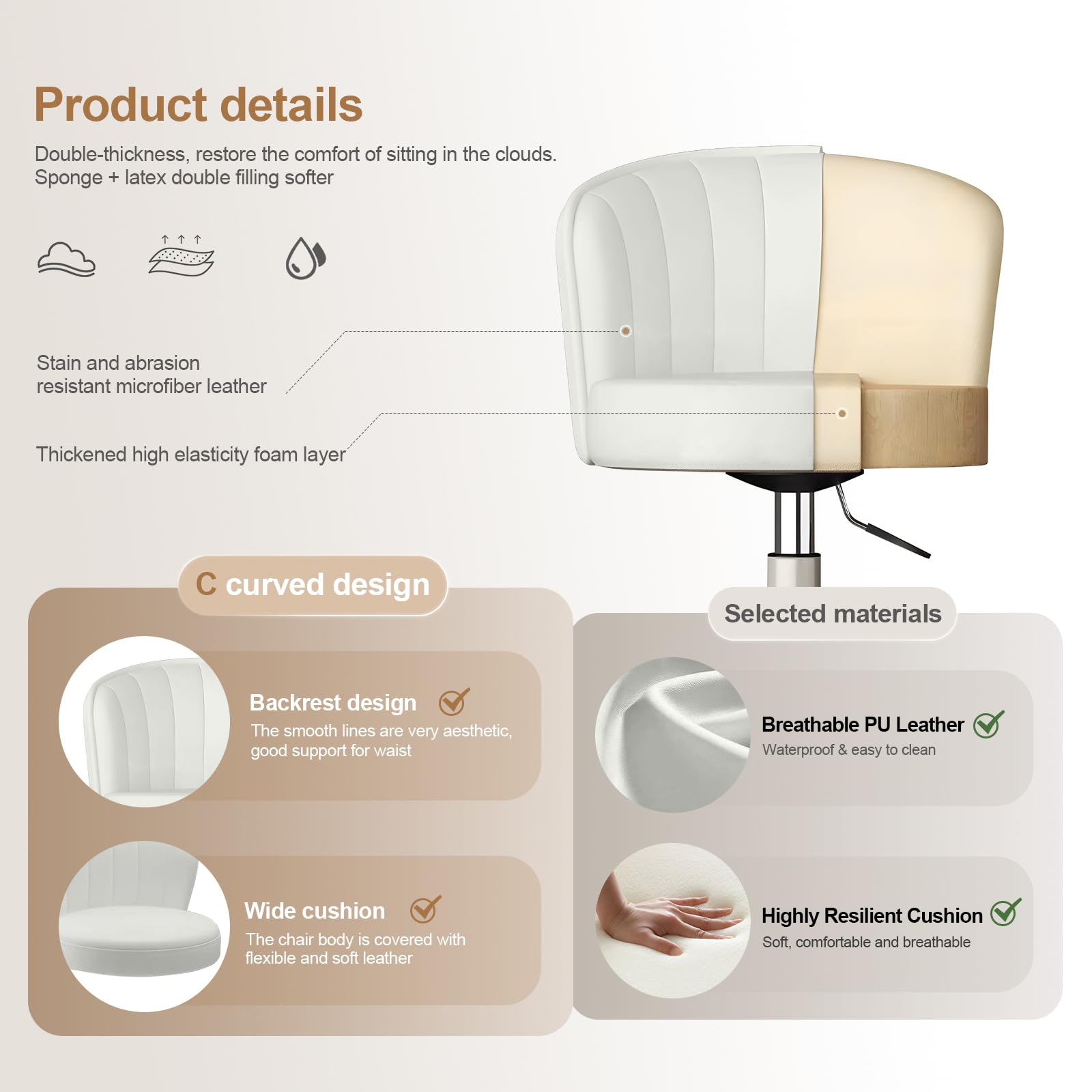 Small Desk Chair Round Rolling Chair with Back PU Leather Height Adjustable Swivel Vanity Work Computer Stool Chair