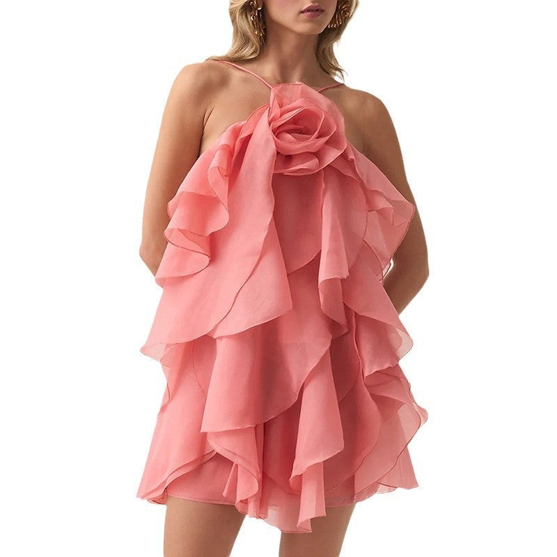 Halter Three-dimensional Flower Design Lace-up Sleeveless Dress