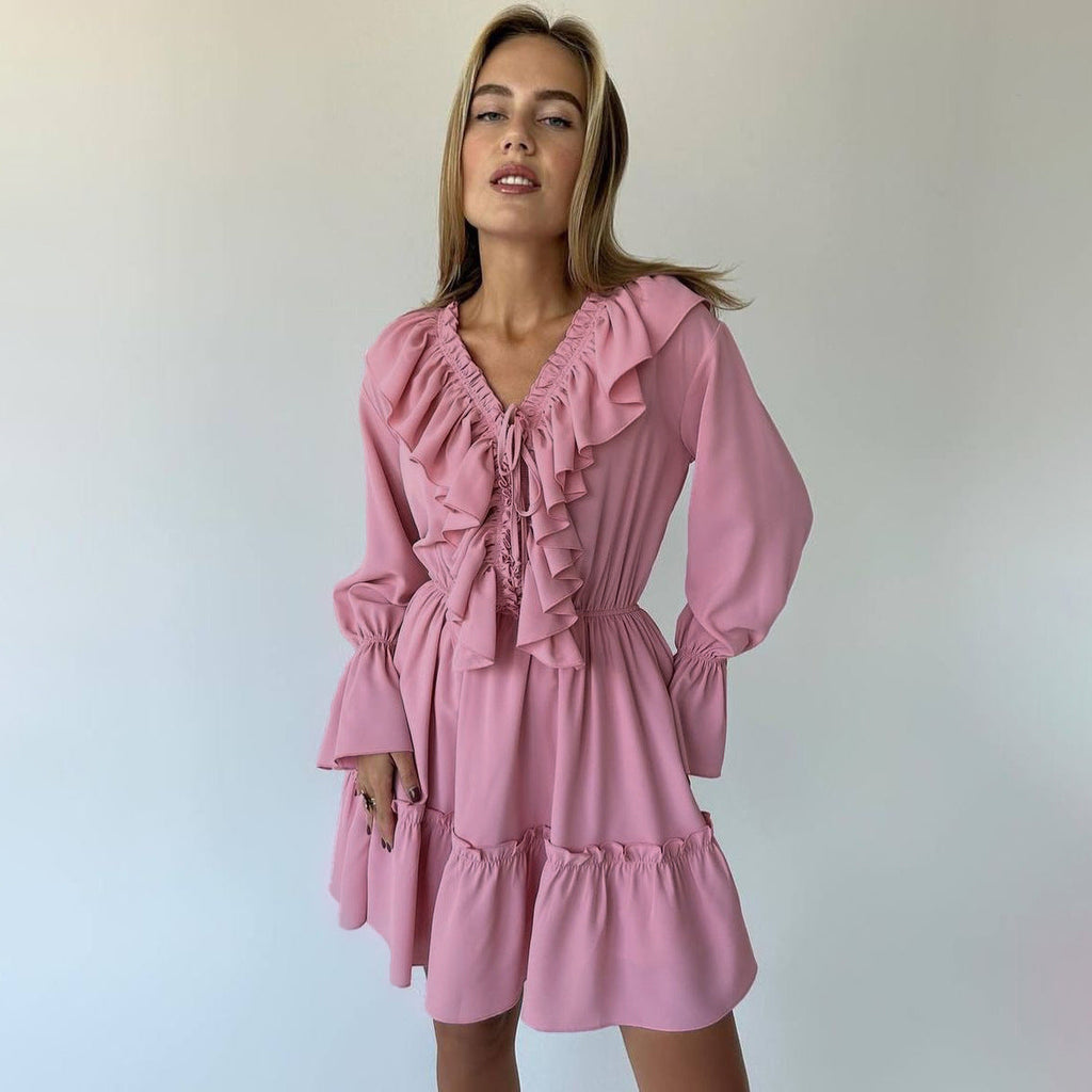 V Neck Pleated Ruffle Long Sleeve Dress Y2K V Neck Flared Sleeve Short Dress Women's Clothing