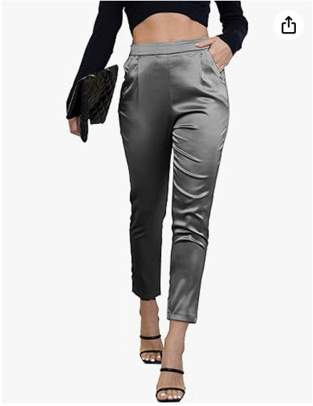 Women's Comfortable Pocket Straight High Waist Acetate Pants