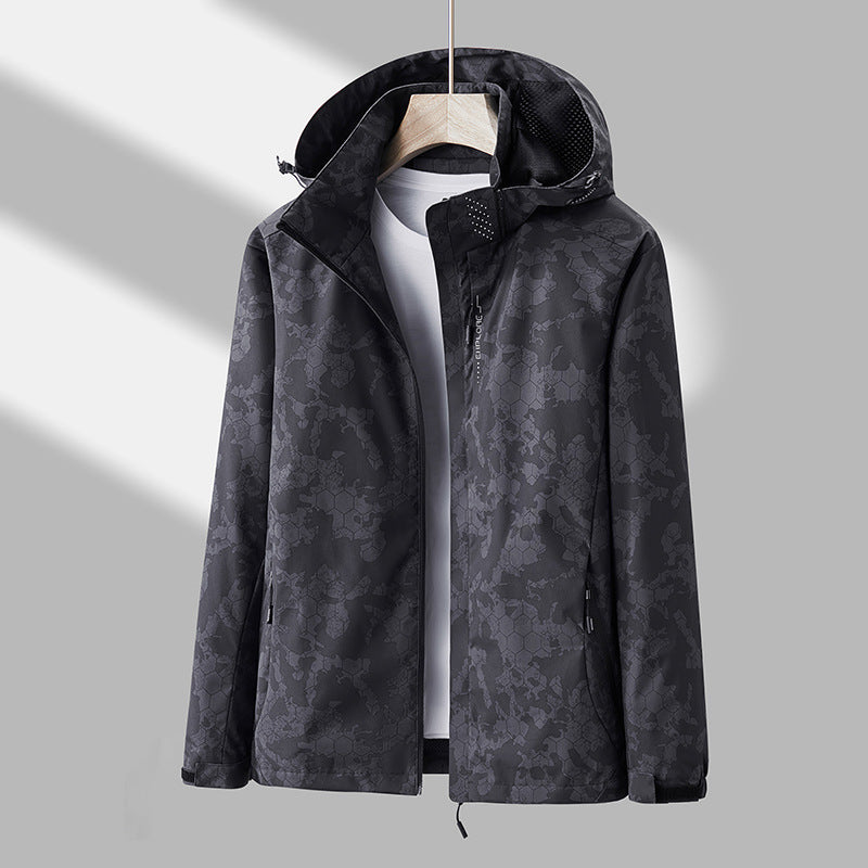 Printed Hooded Windbreaker - Solid Color Zip-up Jacket Waterproof Windproof Outwear