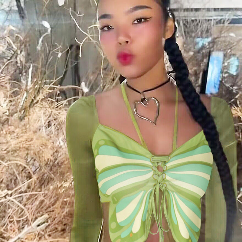 Fashion Street Sexy Mesh Stitching Bow Tie Top