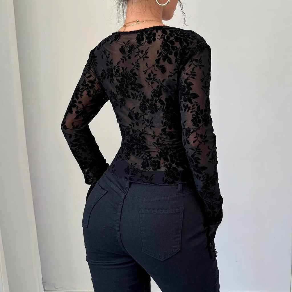 Women V-neck Lace Mesh Flare Sleeve T-shirt