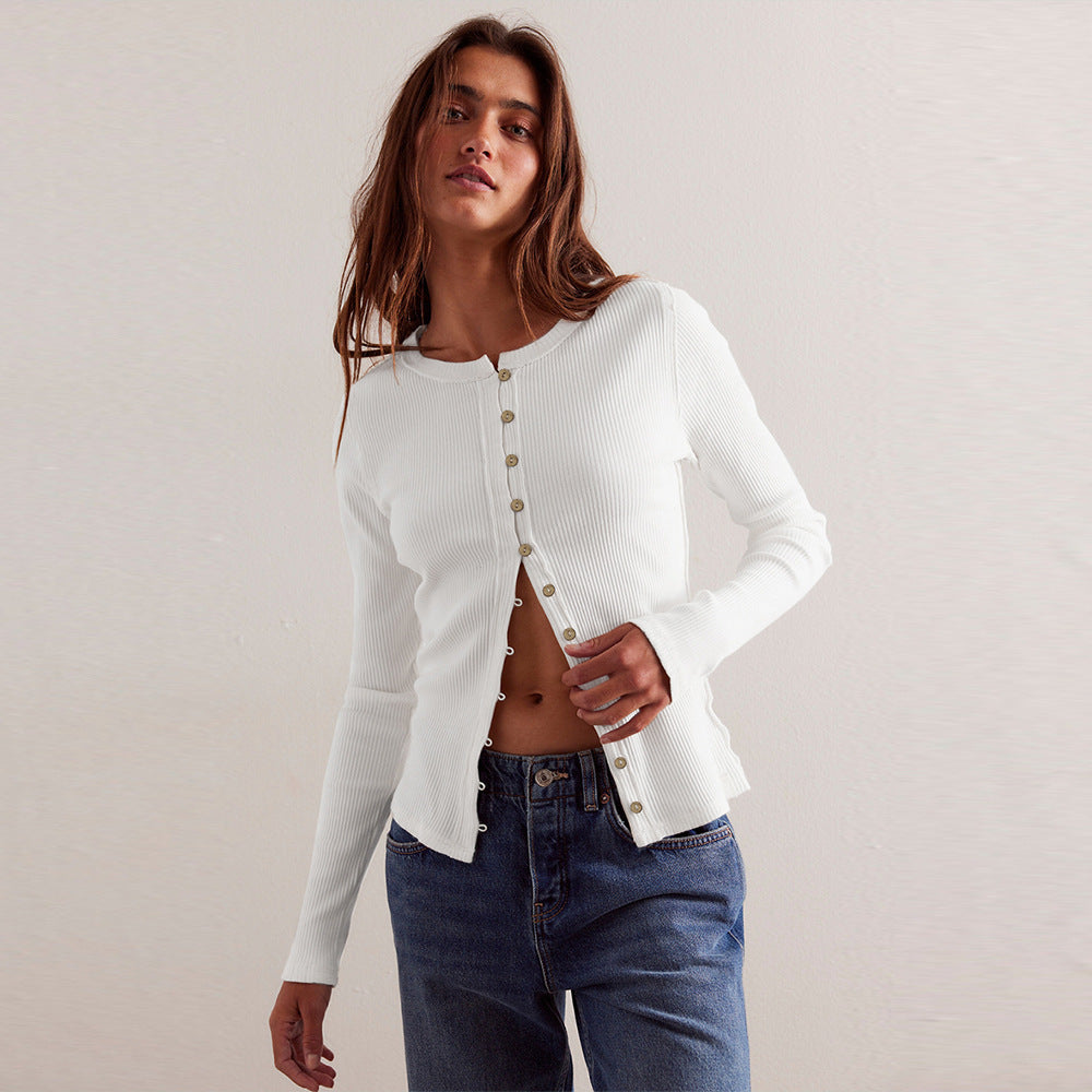 Round Neck Button Rib Solid Color Autumn And Winter Warm Cardigan Jacket For Women