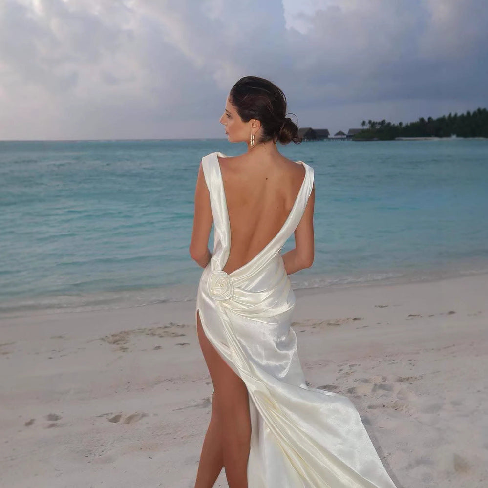 High Quality Satin Dignified Flowers Dress Split Dress
