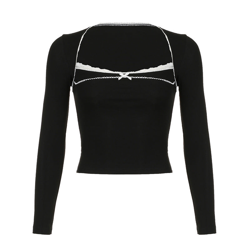 Lace Bow Square Collar Long Sleeve T-shirt