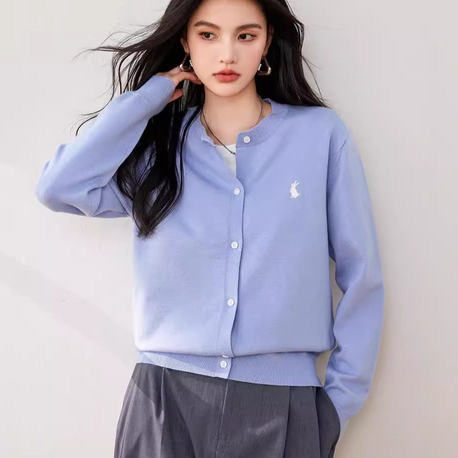 Simple Wool Cardigan Women's Sweater Coat Embroidered Rabbit Solid Color