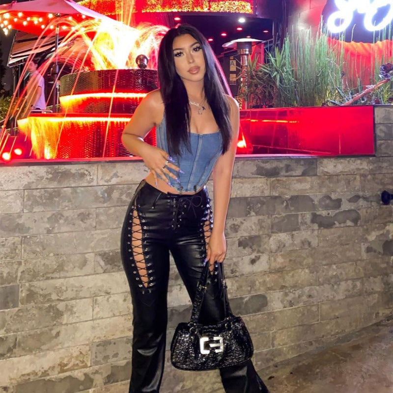 Women's High Waist Hollow-out Strap Straight Ankle Tied Leather Pants