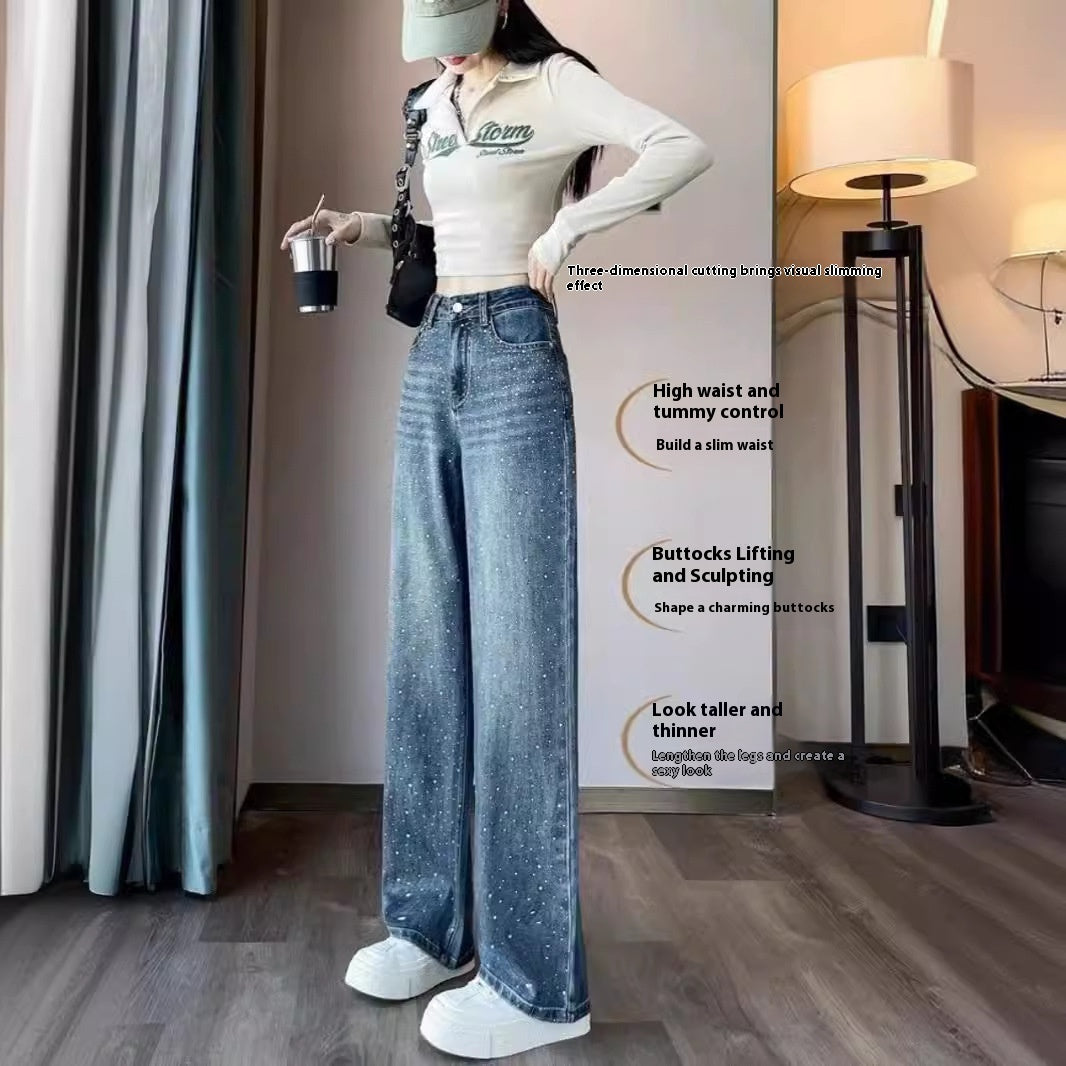 Rhinestone High Waist Narrow Wide Leg Jeans