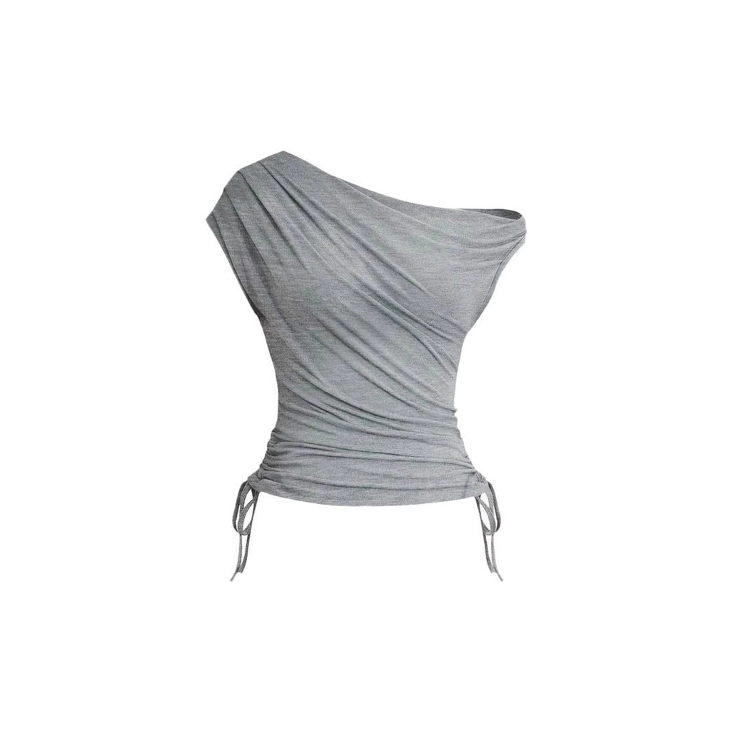 Women's Summer Solid Color Waist Pleat Off Shoulder Short Sleeved T-shirt