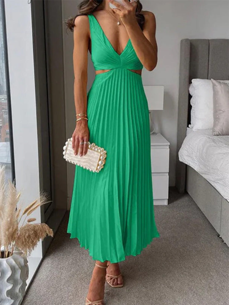 Suspender Pleated Long Dress With Hollow-waisted Design Fashion V-neck Backless Dresses Summer Women's Clothing