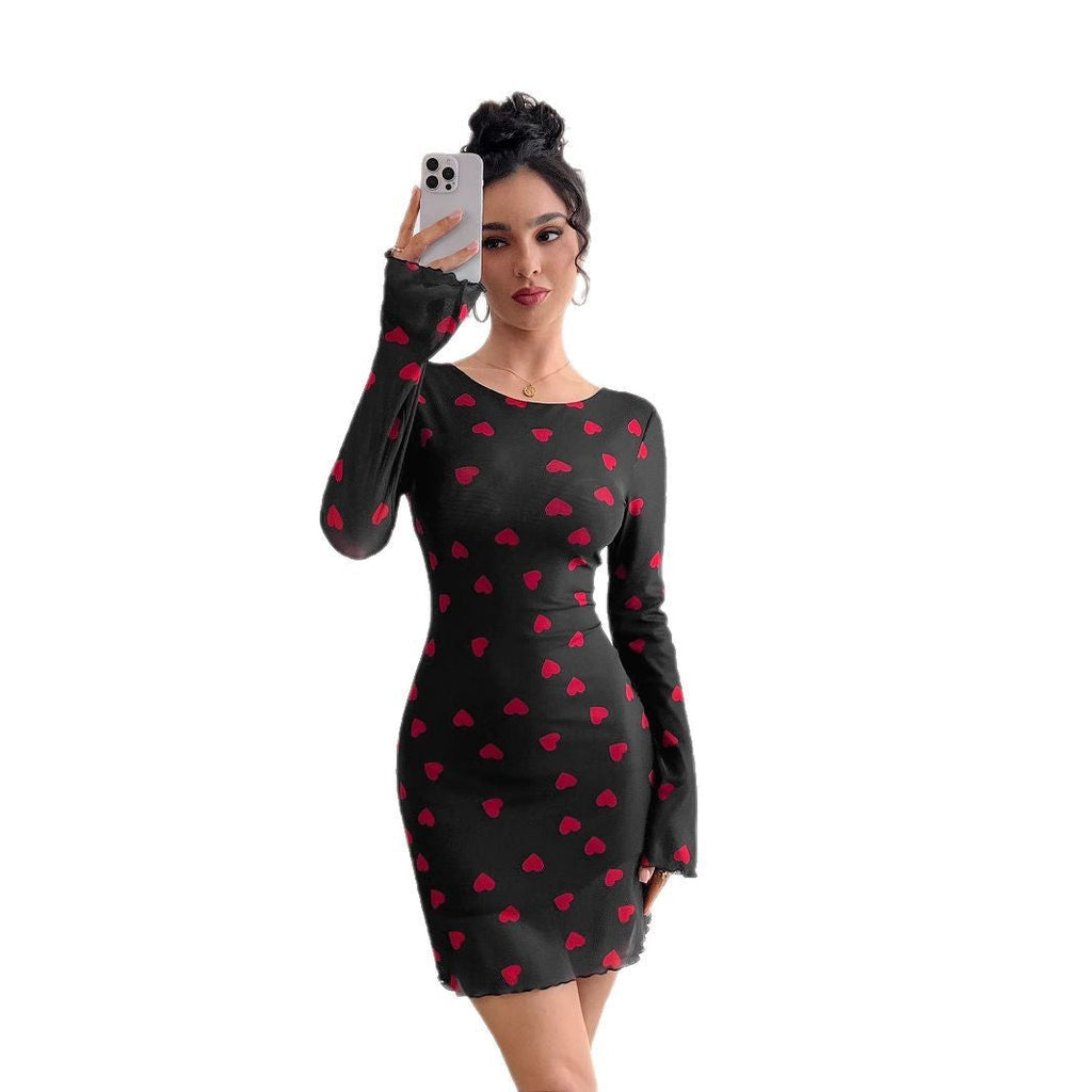 Heart Printing Flare Sleeve Backless Mesh Dress