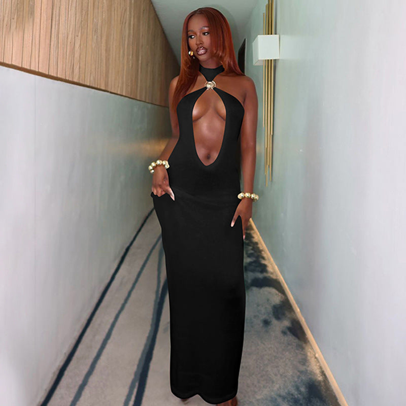 Solid Color Iron Hoop Sexy Cutout Slim Fit Dress