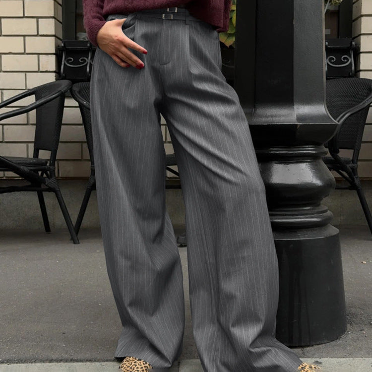 Retro High Waist Loose Striped Straight Suit Pants