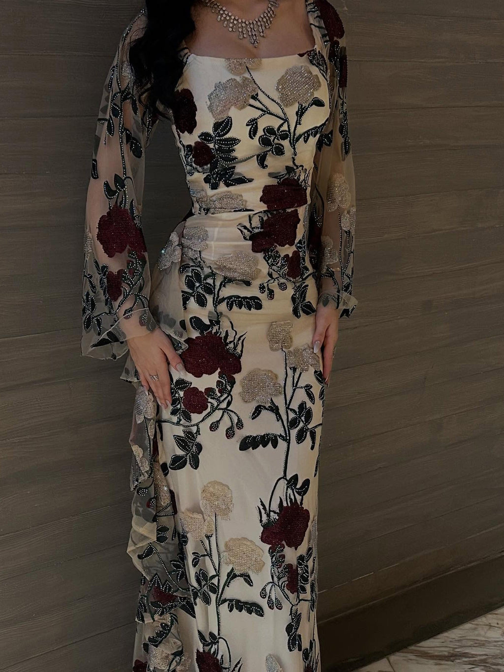 Mesh Floral Embroidered Long-sleeved Dress