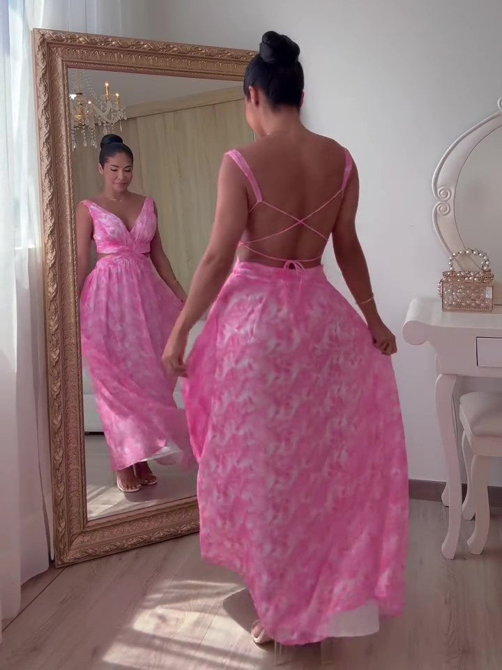 Pink  Print Backless Sleeveless Dress