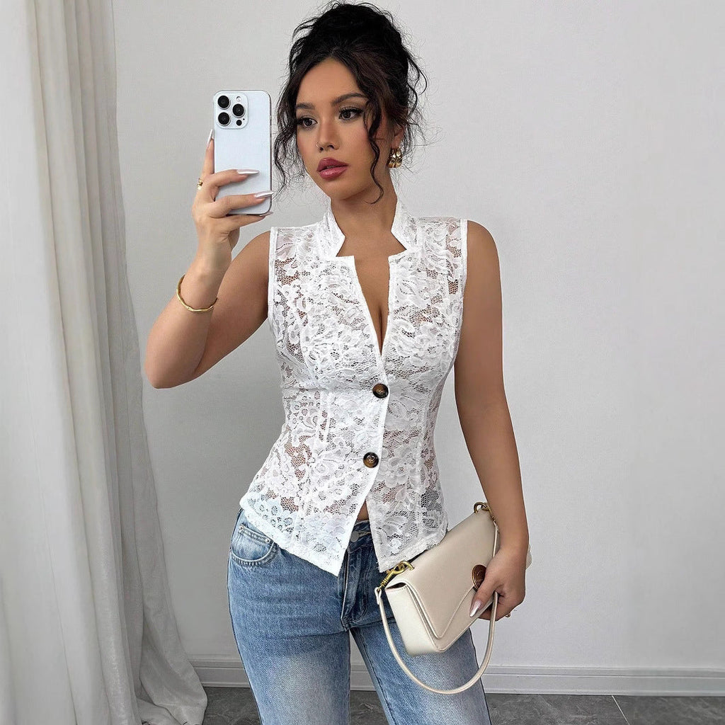 Sexy Young Hollow Chest Jacquard Design See-through Lapel Skinny Lace Top