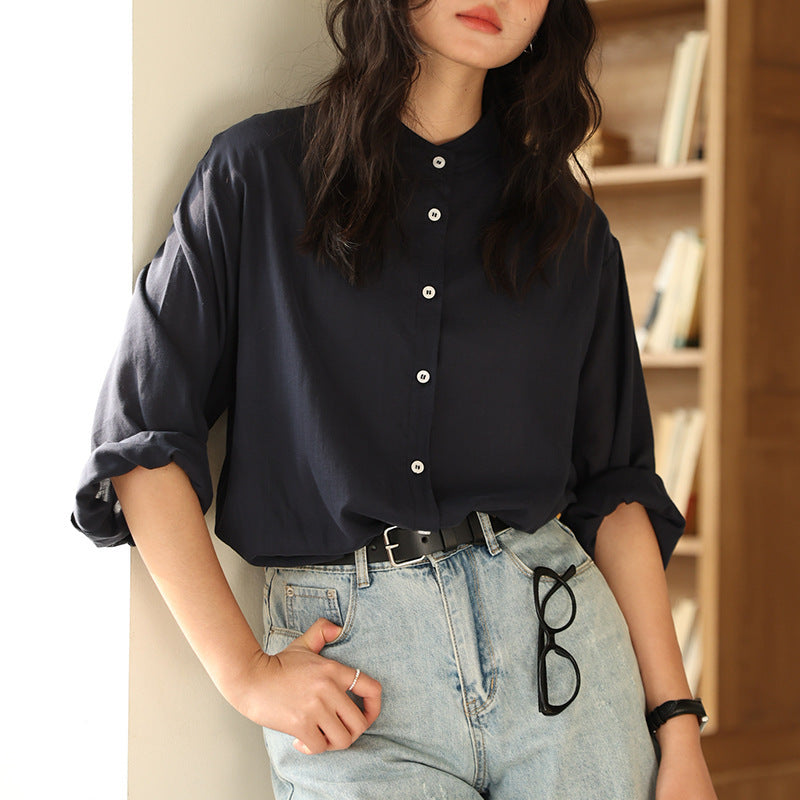 Linen Stand Collar Shirt Light Thin And Loose Button Top