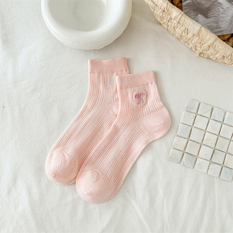 Feminine Bow Embroidered Short Thin Socks