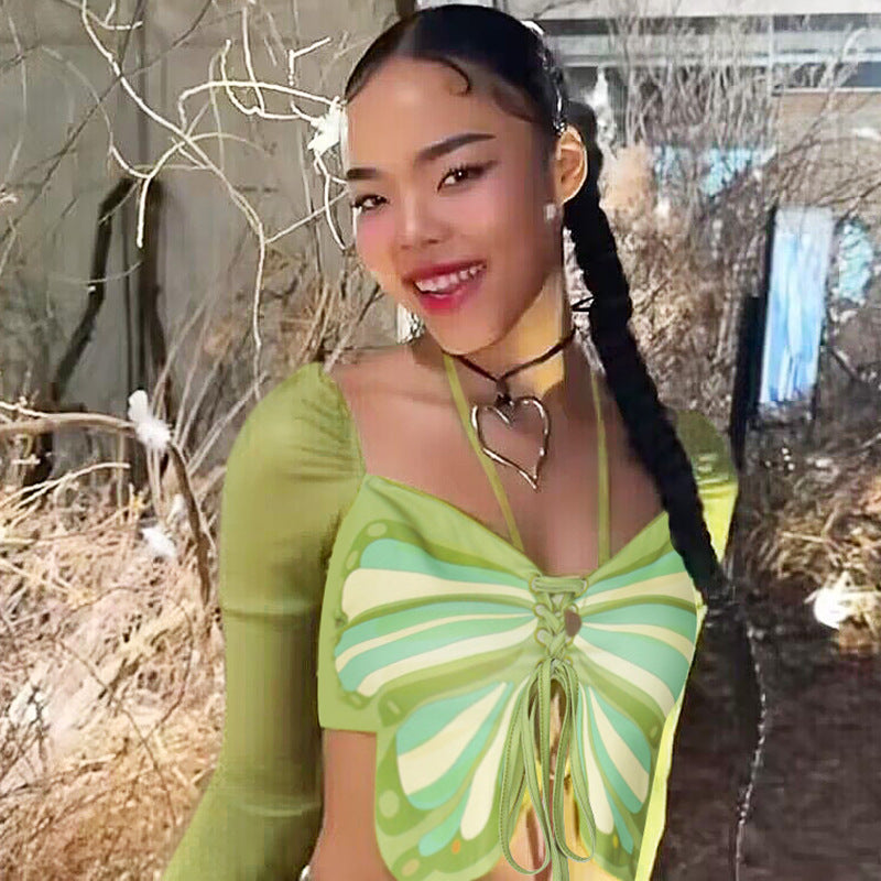 Fashion Street Sexy Mesh Stitching Bow Tie Top