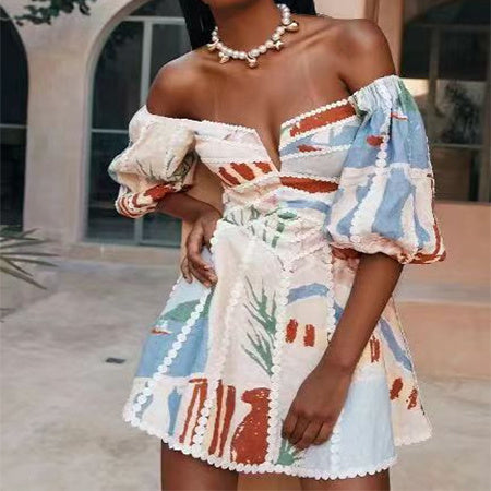 Women's Flower Print Lace Sling Dress Fashion V-neck Waist-baring Dress