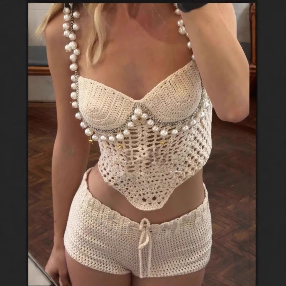 Sexy Solid Color Crop-top Spaghetti-strap Beading Top