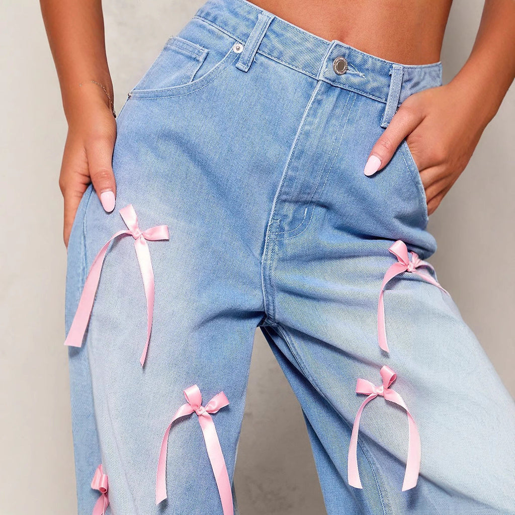 Pink Bow High Waist Wide Leg Jeans