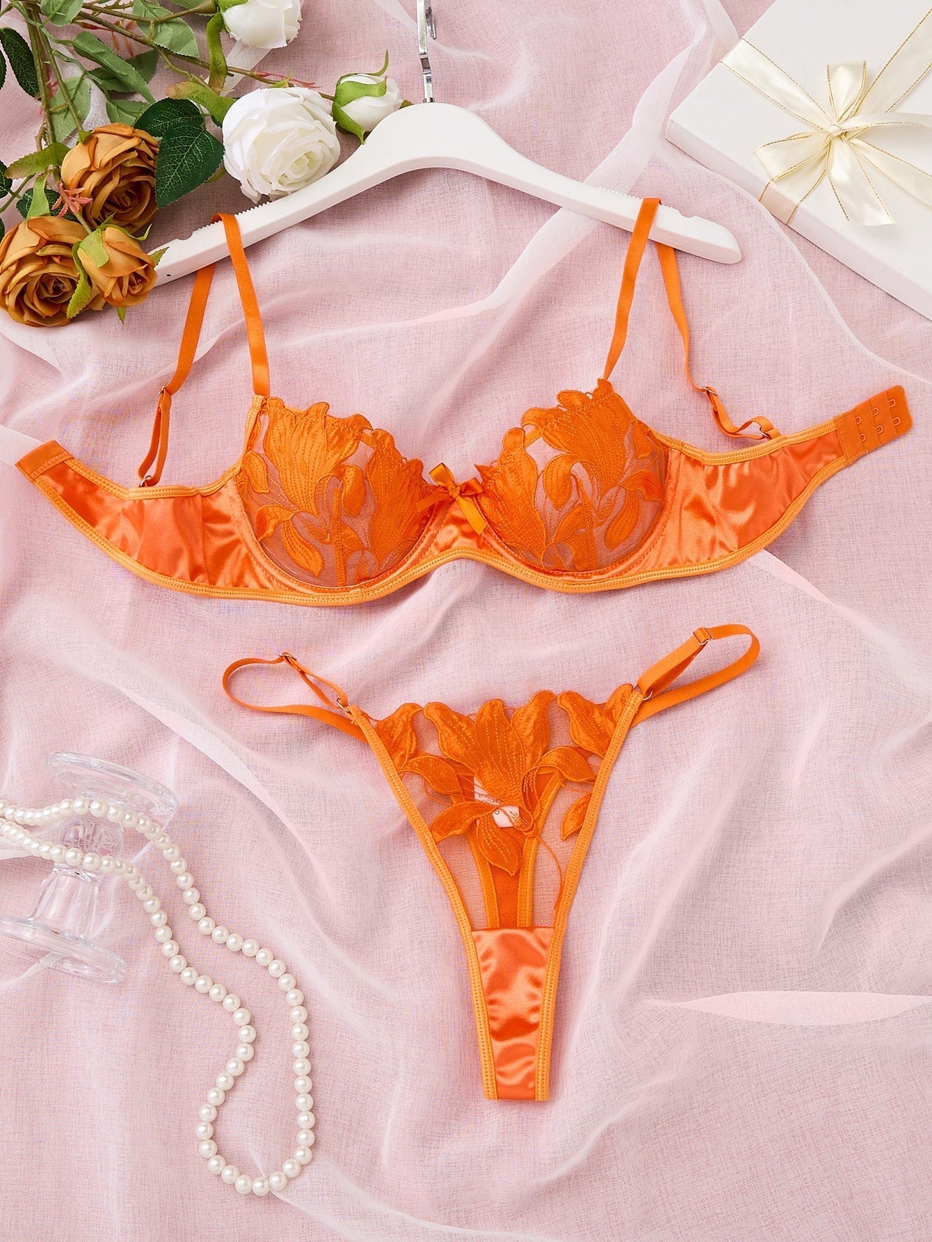 Lace Embroidery Mesh See-through Sexy Lingerie Set