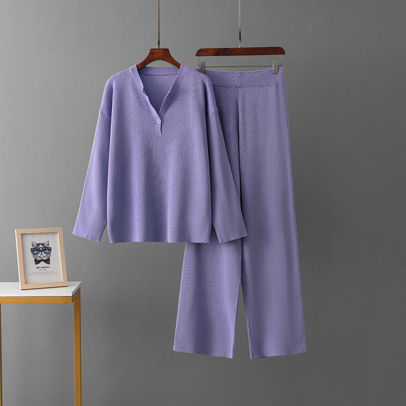 Loose Solid Color V-neck Knit Women's Suit