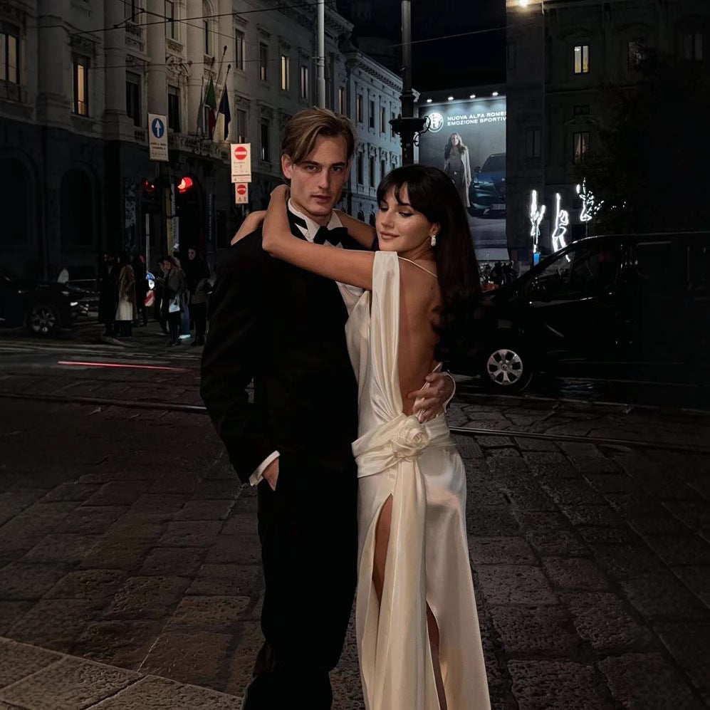 High Quality Satin Dignified Flowers Dress Split Dress