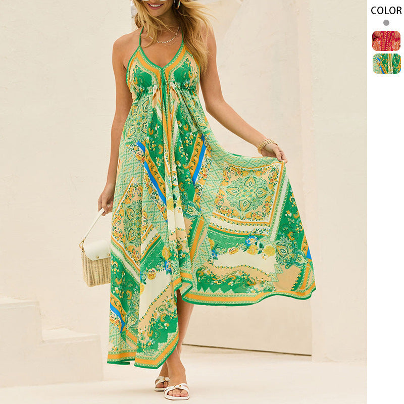 Off-the-shoulder V-neck Women's Clothing Spaghetti-strap Floral Print Dress