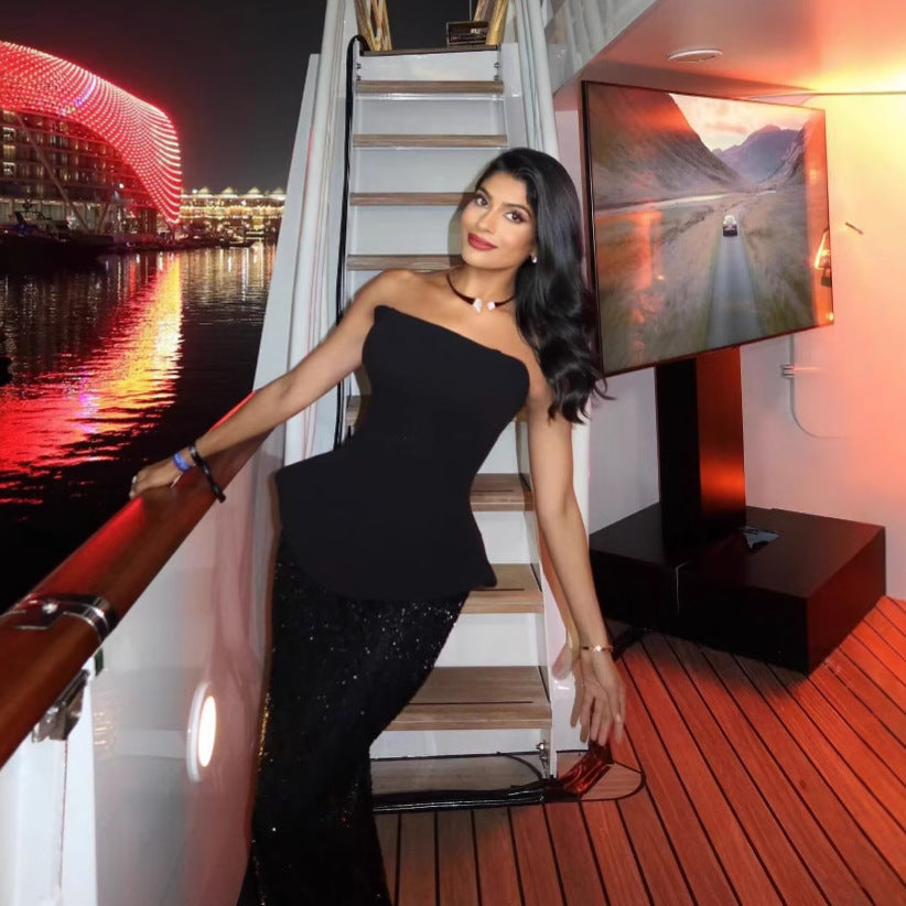 Elegant Scarf Bandage Dress Half-length Sequin Dress Suit