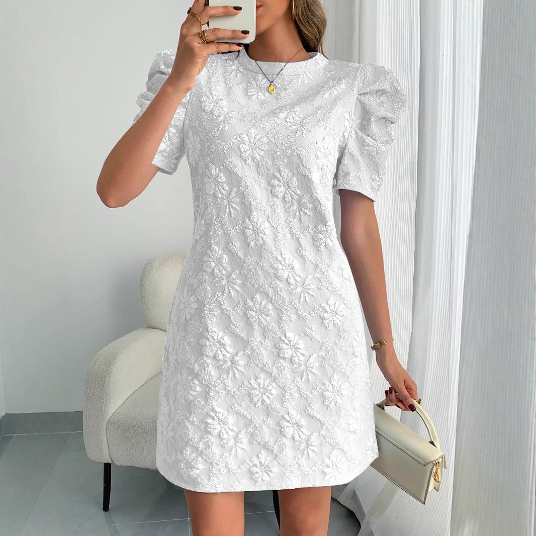 Ladies Puff Sleeve Texture Jacquard Round Neck Retro Style Dress