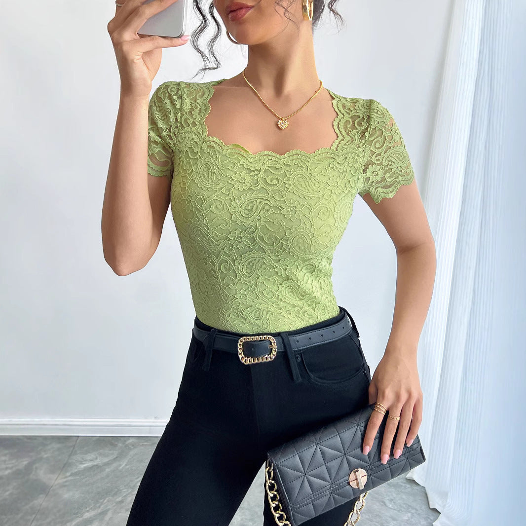 Lace Slim-fit Square Short-sleeved T-shirt