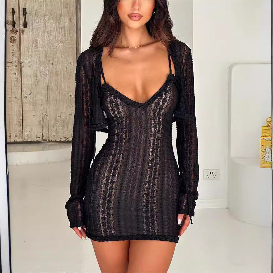 Cross Border Long-sleeved Sun-proof Cardigan Sexy V-neck Split Dress