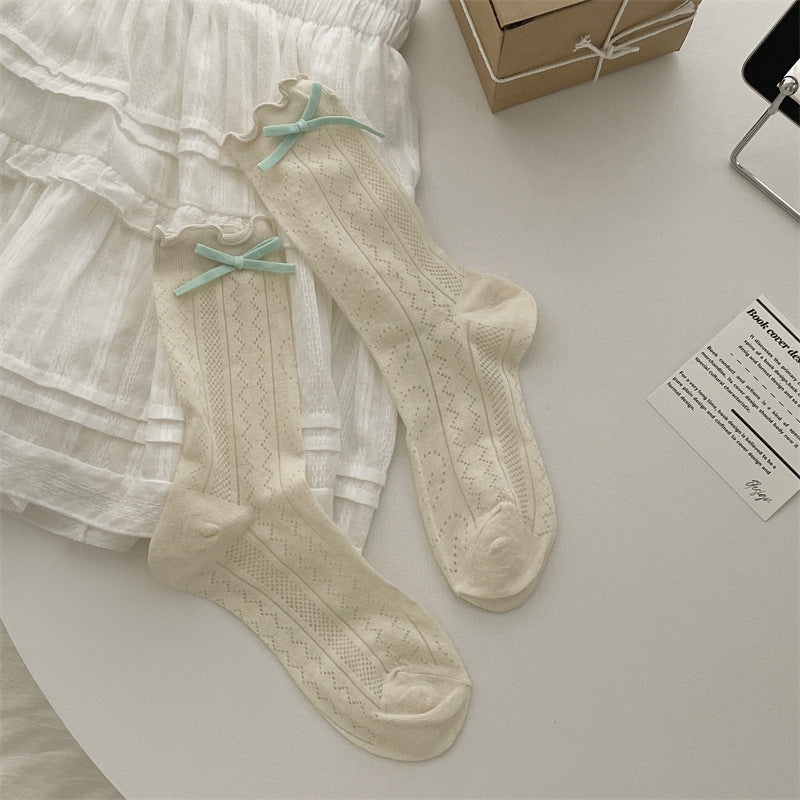 Thin Mesh Solid Color Bow Mid-calf Length Loose Socks Breathable Sweat Absorbing