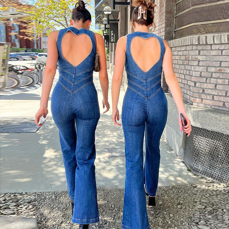Slim Heart-shape Backless Denim Jumpsuit Women Halter Neck Zip Up High Waist Pants Retro Style Clothing