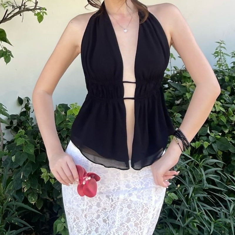 New Fashion Solid Color Lace-up Hollow Slim Halter Top