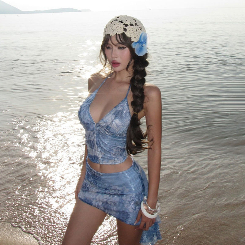 Sequins Halterneck Vest Sheath Slim Fit Skirt Suit